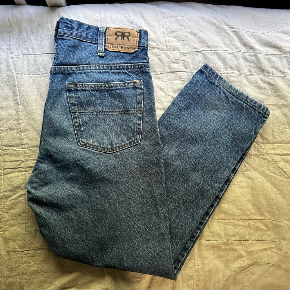 Real Ranch men’s workwear vintage denim jeans, lightly distressed, size 33x30